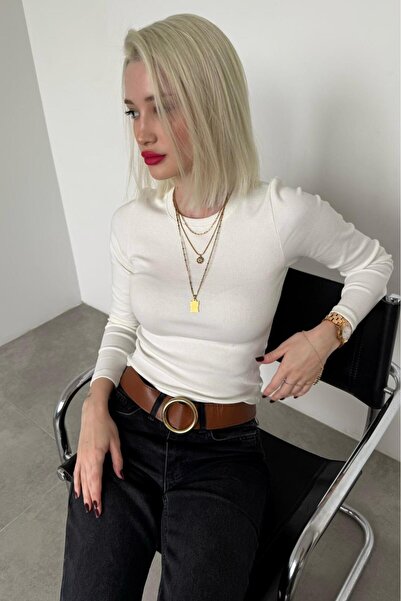 Madmext Ecru Crew Neck Slim Fit Women's Bodysuit Mg2564