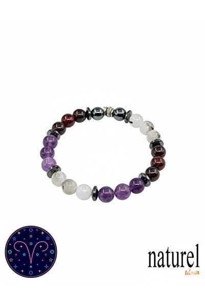 Naturel Tılsım Koç Burcu Doğal Taş Unisex Bileklik | Garnet-Ametist-Rutilli K...