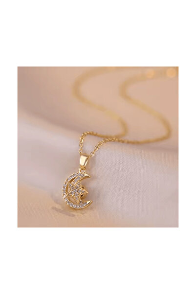 Polly 18K gold-plated star and moon jewelry set with rotating pendant and rhinestones