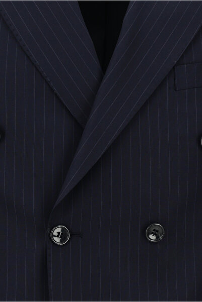 Kiğılı Slim Fit Dar Kesim Çizgili Yünlü Kruvaze Takım Elbise