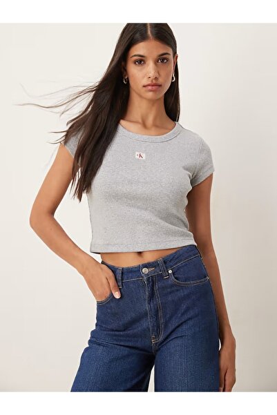 Calvin Klein Kadın Marka Logolu Pamuklu Günlük Kullanıma Uygun Gri T-Shirt LV...