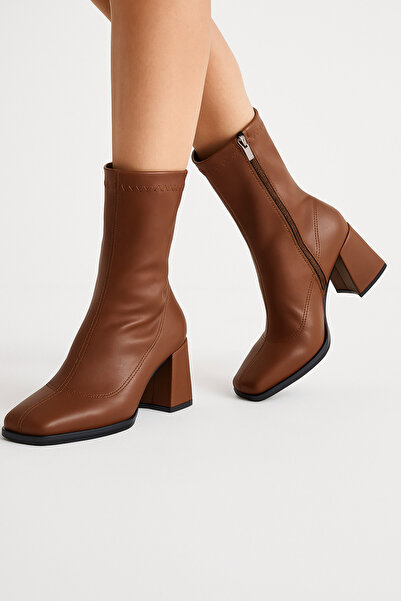 Reyonda ayakkabı Kadın Kahverengi Taba Streç Bilekli Orta Boy Topuklu Bot