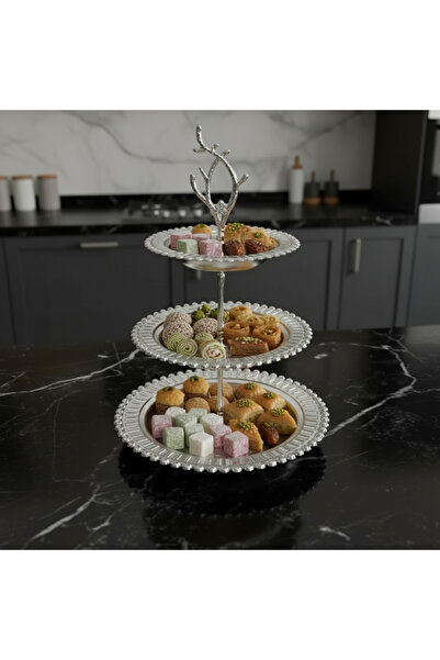 İnova Home Decor Manolya Üç Katlı Yuvarlak Gümüş Renk Servis Tepsisi