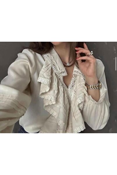 neslihansarıca bluz , dantel işlemeli volanlı bej  keten bluz