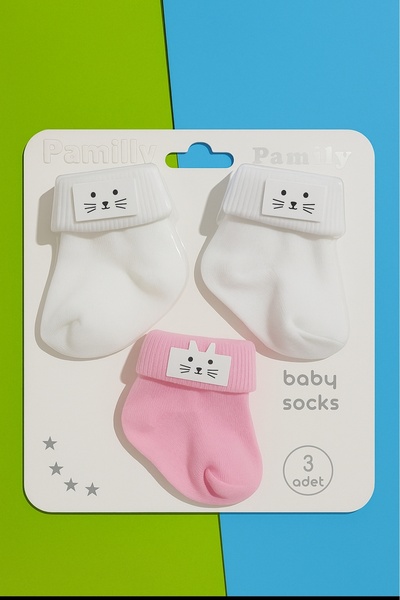 baby socks 3 Çift Kedi Aksesuarlı Pamuklu Sıkmaz Bilekli Kız Bebek Çorabı