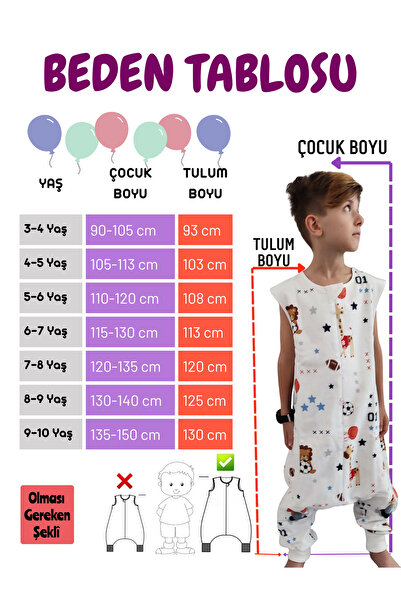 RUKİYE YAVUZ Pamuk Pazen Kolsuz Çocuk Uyku Tulumu %100 Pamuk Çift Kat Pazen 21-24 Derece 1 Tog Geniş ve Uzun Kalıp 3-10 Yaş