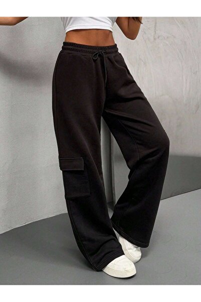 Mood Lab Bol Paça Kargo Cepli Beli Lastikli Siyah Eşofman Altı Back To School