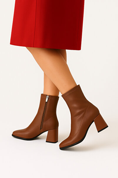 Reyonda ayakkabı Kadın Kahverengi Taba Streç Bilekli Orta Boy Topuklu Bot