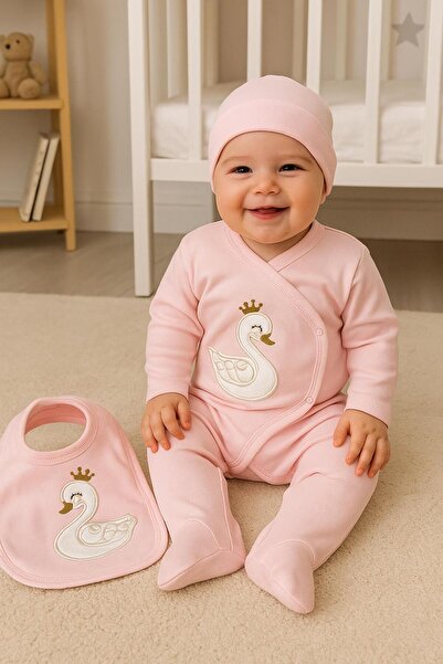 BYS BABY FASHION Kuğu Nakışlı 5 Parça Hastane Çıkışı Zıbın Seti / Yenidoğan D...