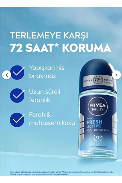 NIVEA MEN Erkek Roll-on Deodorant Fresh Active 50ml ve 25 ml 72 saat koruma