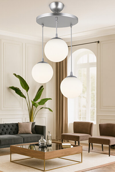 VENON Botanik 3 LÜ Sarkıt Avize Tepsi SİLVER Beyaz Glop Camlı Lüks Avize Salo...