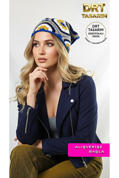drt tasarım Kadın Retro Gri Mavi Nazar Boncuklu Üçgen Bandana DRT-SH-0176 202...