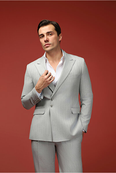 Kiğılı Slim Fit Dar Kesim Çizgili İtalyan Kesim Kruvaze Takım Elbise