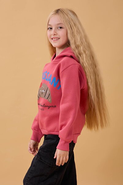 Perendi Детска суитшърт с качулка и капитониран подплат с принт на кроасан, розово