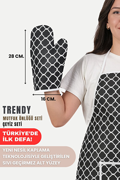 sevilya Trendy 3lü Set Su Geçirmez Mutfak Önlüğü Çeyiz Seti Isıya Dayanıklı Fırın Eldiveni Ve Tutacak Takımı
