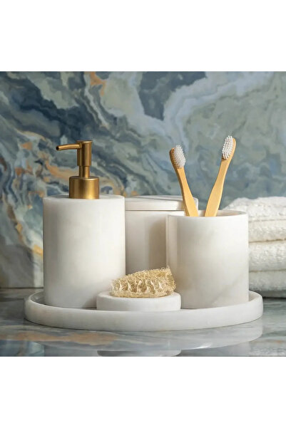 Qua Home Rizz Mermer 5 li Banyo Seti Beyaz