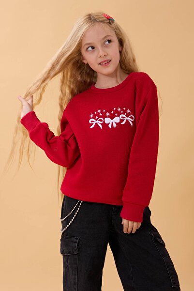 Perendi Детска блуза с бродерия на врата за момичета, червена