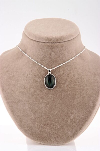 Deniz Doğal Taş Sertifikalı Labradorit ( Taşlar) Doğaltaş Kolye Ucu Gümüş Zin...