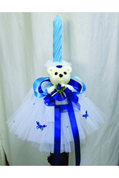 OEM Lumanare Botez lungime 45 cm, albastra cu ursulet si tull