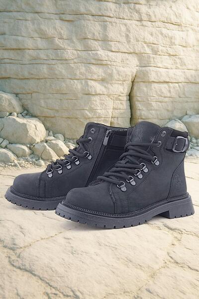 Rakerplus Справжня хутряна шкіра, чорний нубку, шнурівка, застібка-блискавка, дитячі зимові черевики