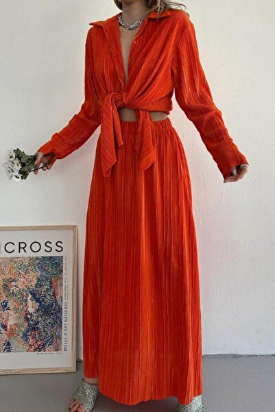 Omarı Orange Corduroy Shirt and Long Skirt Set