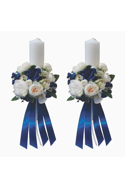 OEM Set of two thick Wedding Candles, length 35 cm decorated in white and roy...