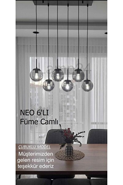 Lamp24 Neo Serisi Çubuklu 6’lı Sıralı Yemek Masası Avizesi , Füme Camlı