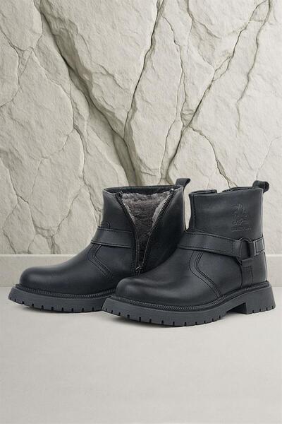 Rakerplus Gerçek Kürklü Hakiki Deri Siyah Fermuarlı Çocuk Bot