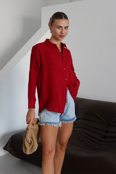 Mogi Butik Women's Pocketed 100% Cotton Regular Cut Basic Muslin Shirt 3079