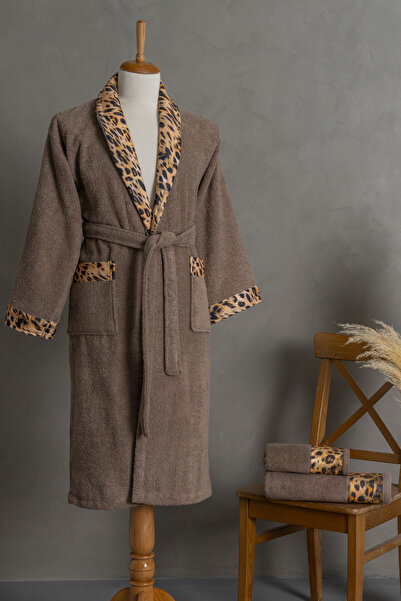 Ellaline Leopard Patterned Bathrobe Set 100% Cotton Certified, 3 Pieces, Beige Color