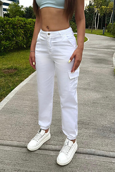 BİKELİFE Weiße Hose aus Gabardine-Stoff mit Cargotaschen