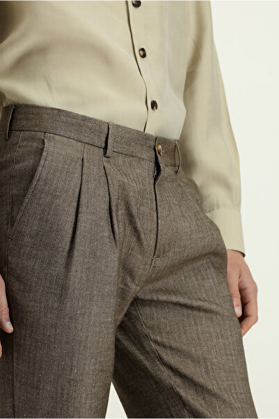 Kiğılı Slim Fit Dar Kesim Desenli Keten Karışımlı Pileli Klasik Kumaş Pantolon