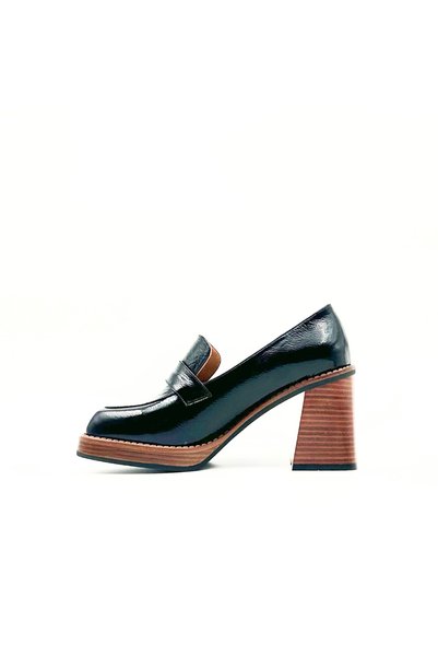 Folle Black Patent Leather Heeled Loafer – 8 cm Block Heel, Platform Sole