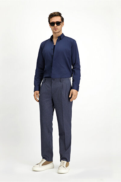 Kiğılı Regular Fit Çizgili Keten Karışımlı Pileli Klasik Kumaş Pantolon