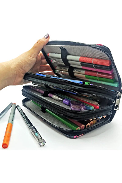 Limmy Pencil Case Yellow-Red Fan Organizer Pencil Case Vegan Leather Three Compartment Pen Holder