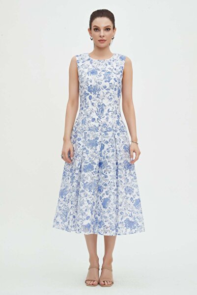 mica فستان ميدي بدون أكمام مع كشكشة