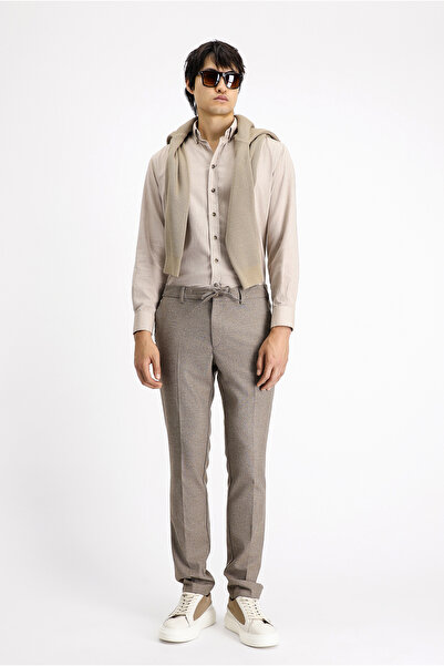 Kiğılı Super Slim Fit Ekstra Dar Kesim Beli Lastikli İpli Desenli Likralı Klasik Kumaş Pantolon