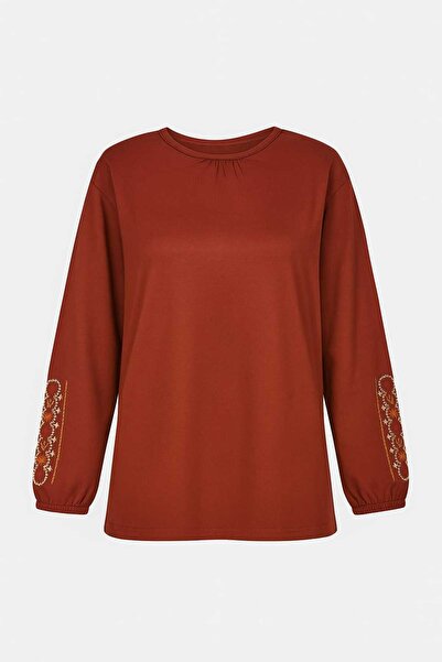 Nacar Moda Γυναικεία μπλούζα από λύκρα μεσαίας και μεγαλύτερης ηλικίας Four Seasons Tile Mother χτενισμένη βαμβακερή μπλούζα Νέας σεζόν με κεντημένο μανίκι