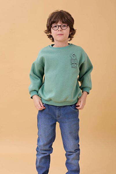 Perendi Boy's Crew Neck Bear Printed Sweatshirt Çağla