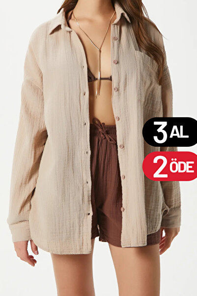 Mogi Butik Kadın Cepli %100 Pamuk Regular Kesim Basic Müslin Gömlek 3079