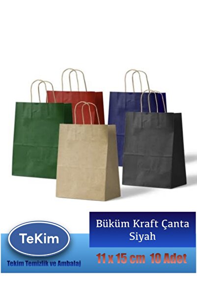tekim temizlik ve ambalaj Büküm Saplı Mini Kraft Hediyelik Karton Çanta Siyah 11x15x6 cm 12li Paket