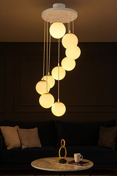 VENON Botanik 9 Lu Sarkıt Avize Beyaz-Mat Gold Beyaz Glop Camlı Merdiven Avizesi Yemek Masası Lüks Mekan