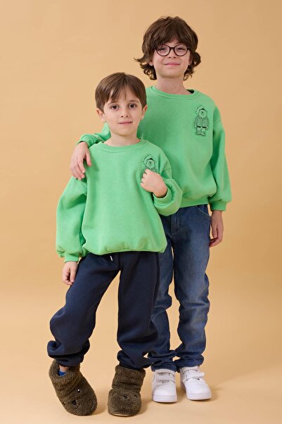 Perendi Erkek Çocuk Bisiklet Yaka Ayı Baskılı Sweatshirt Fıstık Yeşili