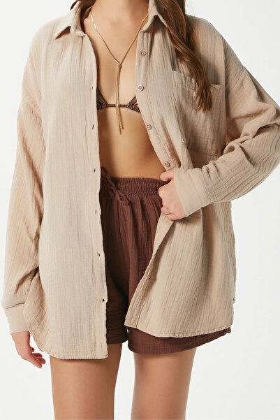 Mogi Butik Kadın Cepli %100 Pamuk Regular Kesim Basic Müslin Gömlek 3079