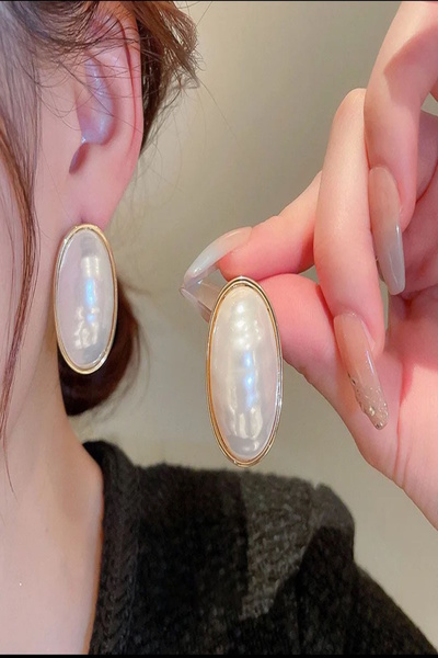 DEMOKAN Kadın Küpe Vip Seri Elips İnci Kararmaz İthal Küpe