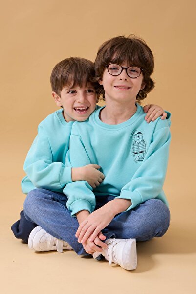 Perendi Boy's Crew Neck Bear Printed Sweatshirt Water Green