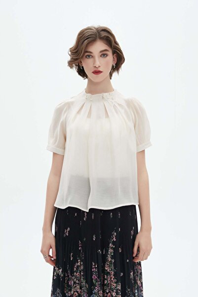 Nichii Short Sleeve Ruffled Neckline Blouse