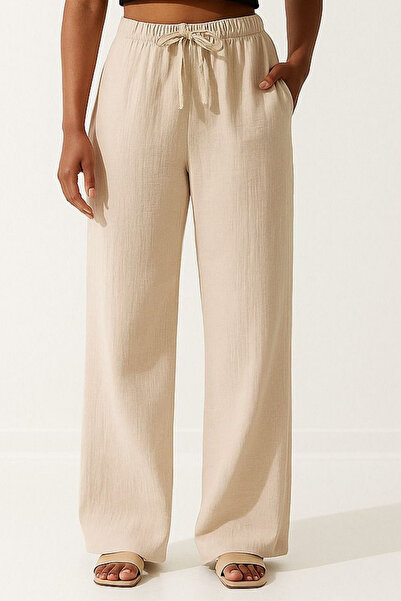 Mogi Butik Γυναικείο ελαφρύ διαφανές παντελόνι Palazzo Muslin με ελαστική μέσ...