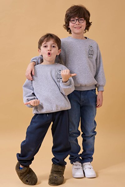 Perendi Boy's Crew Neck Bear Printed Sweatshirt Gray Melange