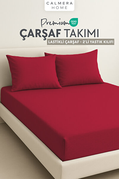 Calmera 100% Cotton Combed Elastic Fitted Sheet Set + 2 Pillowcases |   Double/King Size - Red